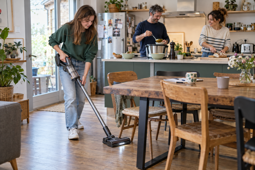 famille dans la cuisine utilisant des appareils pour gagner du temps