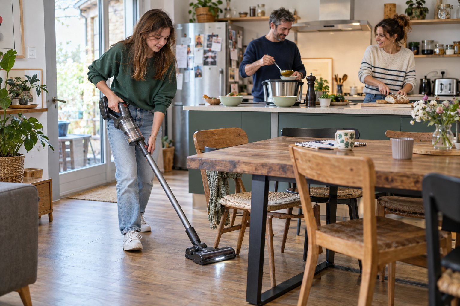 famille dans la cuisine utilisant des appareils pour gagner du temps