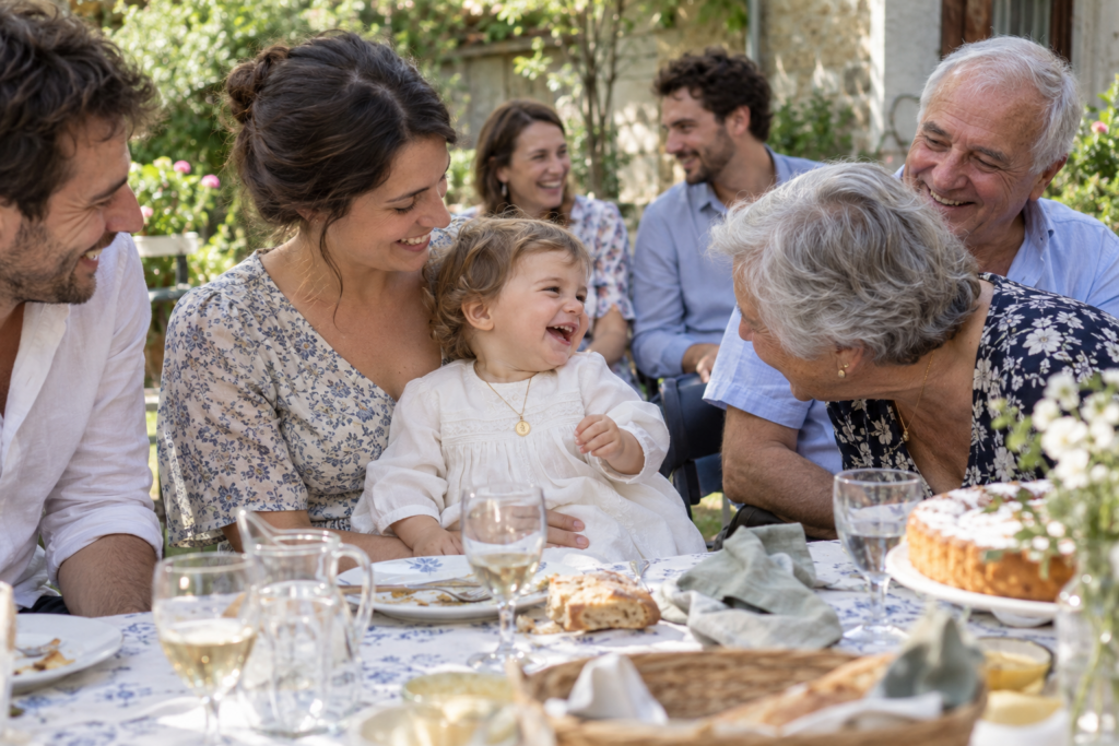 baptême en famille avec médaille autour du cou du bébé