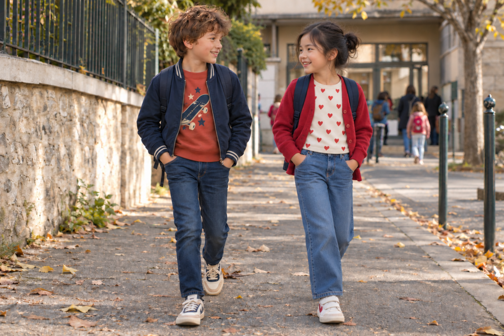 enfants avec vêtements pratiques et stylés rentrant de l'école