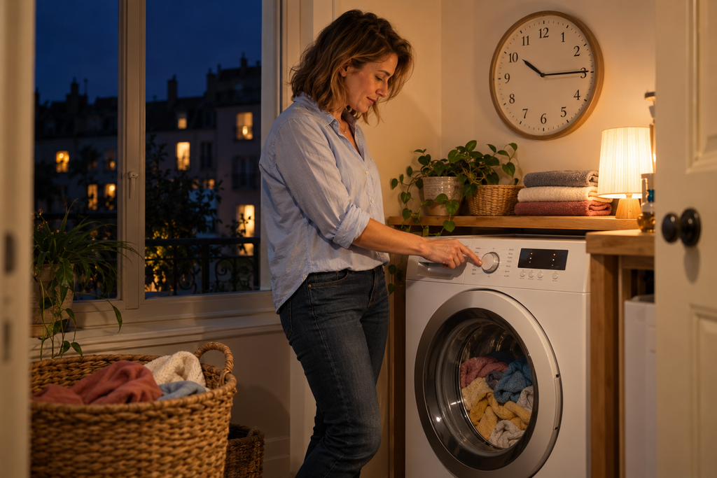 femme qui lance une machine à laver en heures creuses
