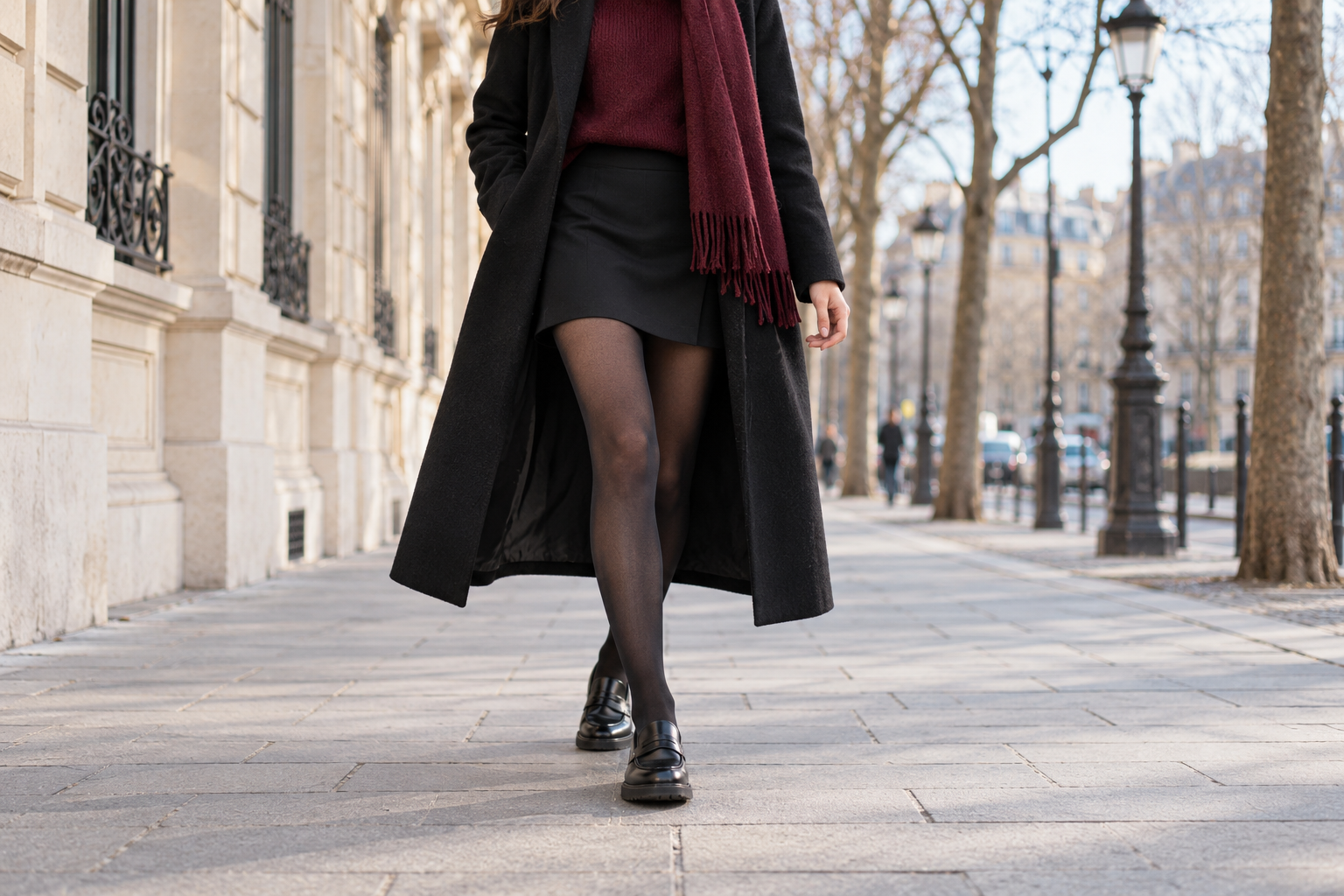 femme en jupe courte avec collants thermique en hiver