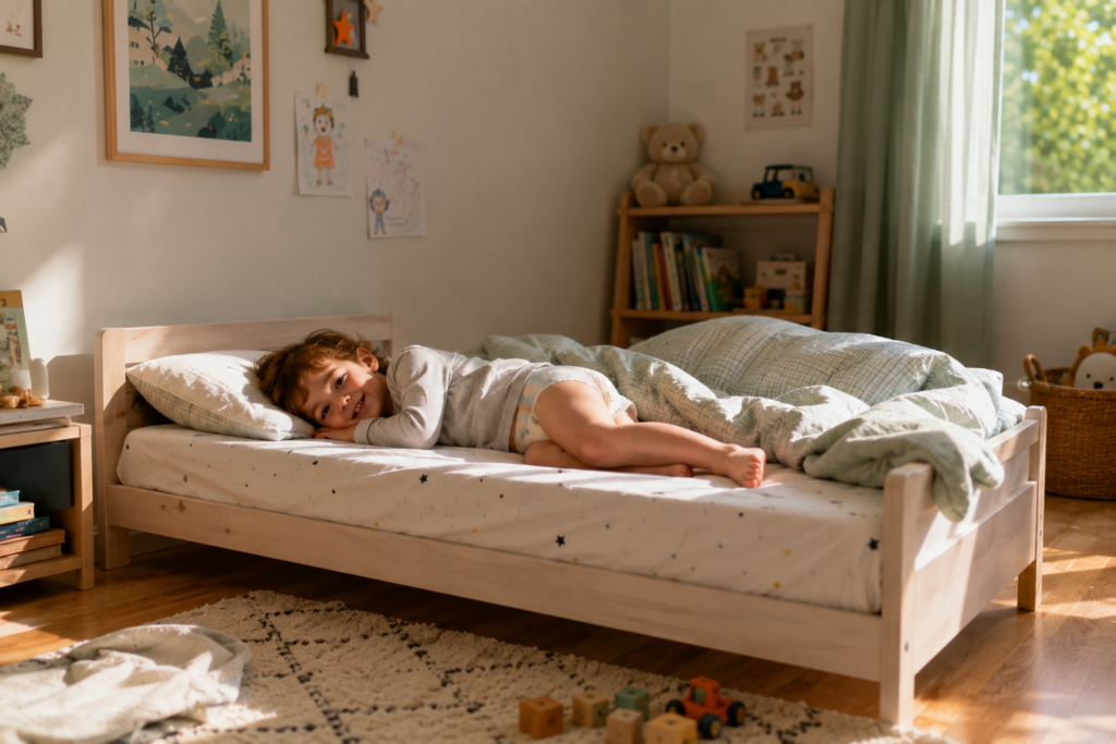 petit enfant au réveil content avec couche culotte