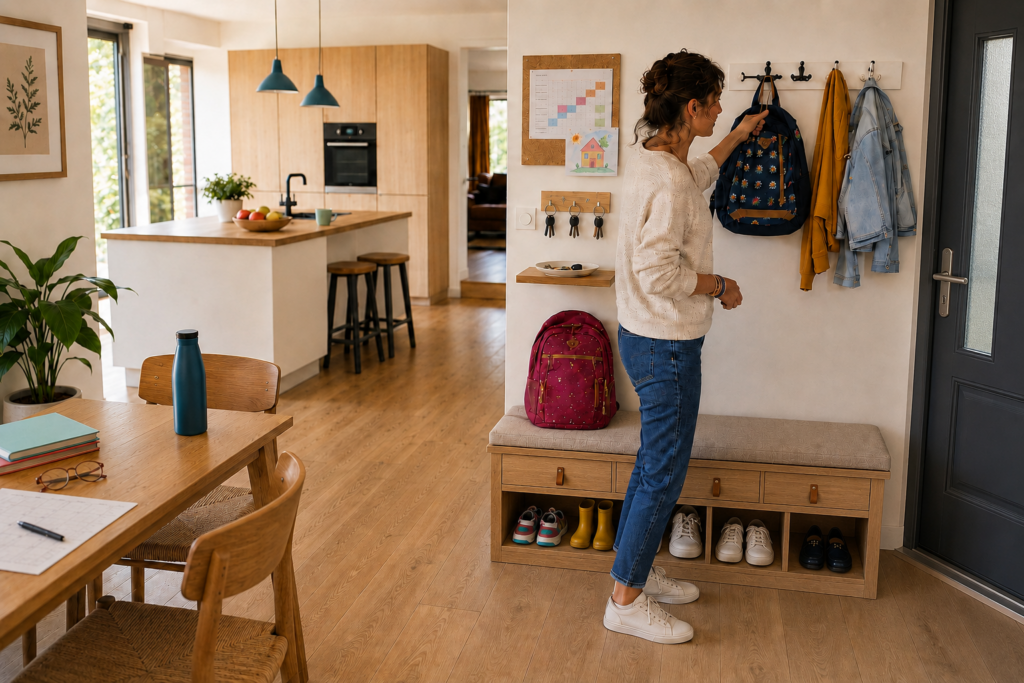 femme dans l'entrée organisée de sa maison à la rentrée des classes