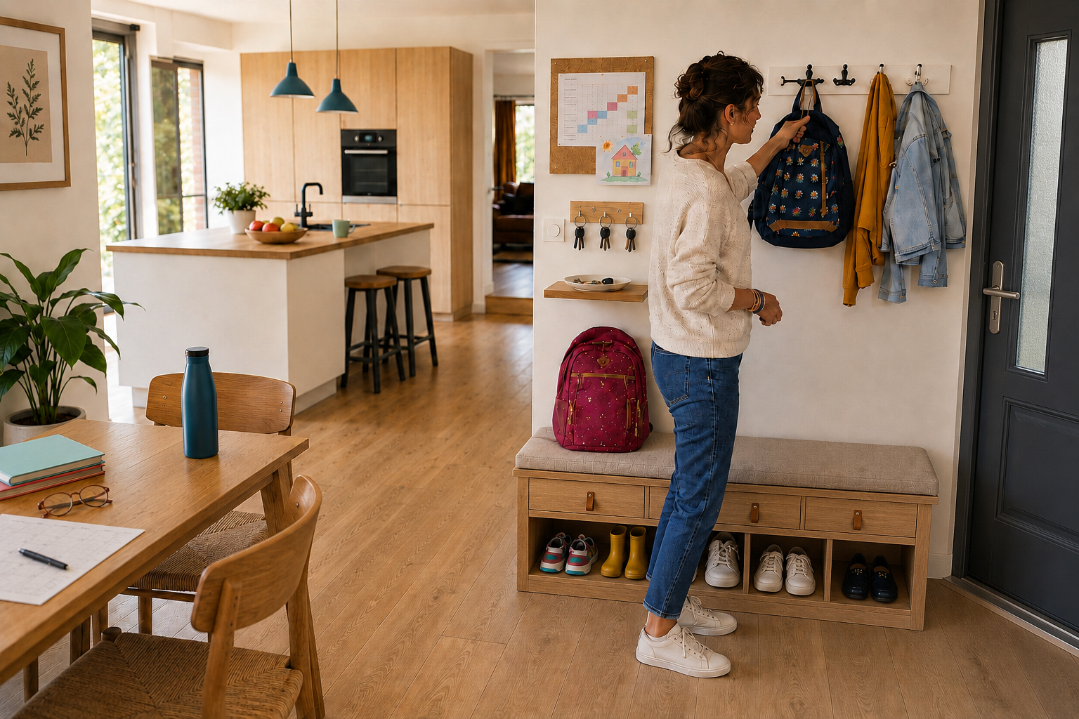 femme dans l'entrée organisée de sa maison à la rentrée des classes
