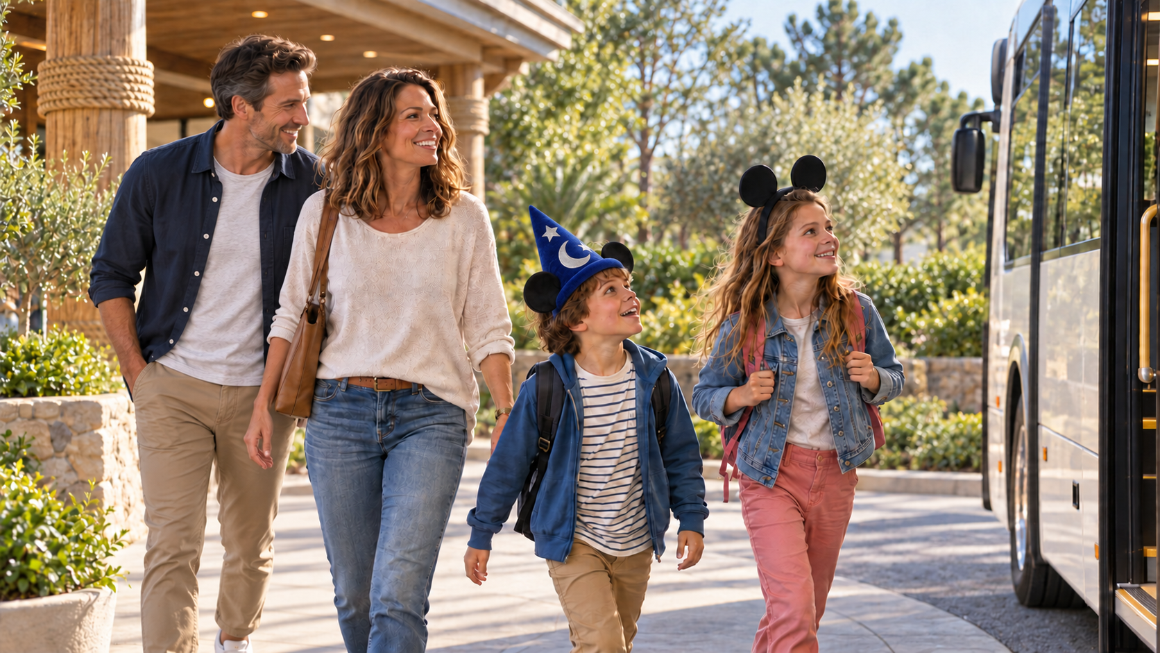 famille prenant la navette pour aller à disneyland paris
