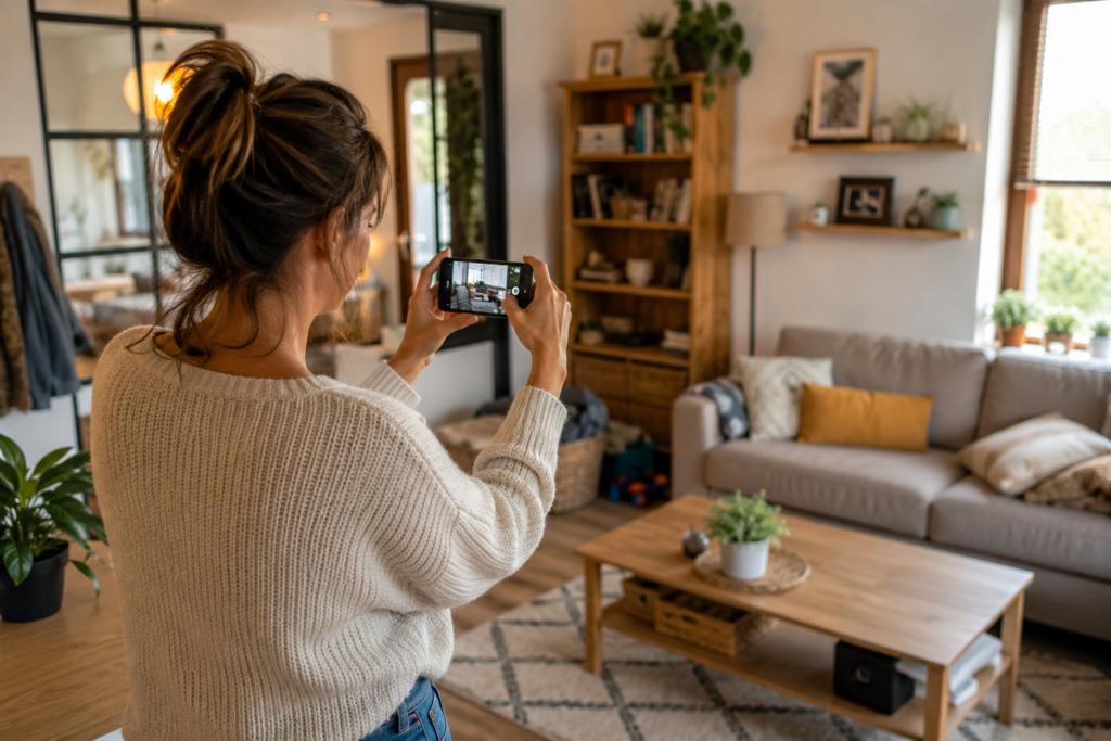 femme prenant en photo les meubles de son salon