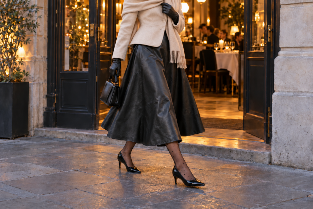 jupe en cuir portée avec des collants thermique plumetis