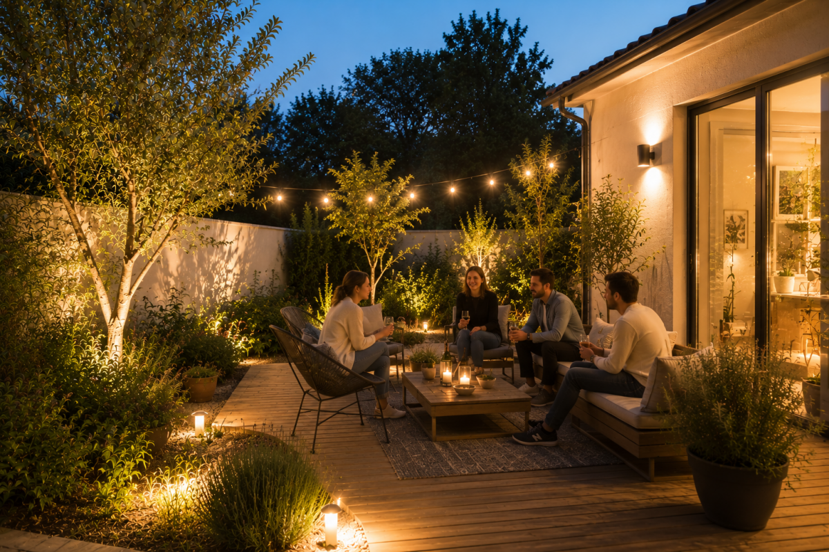 amis dinant sur une terrasse de maison joliment éclairée