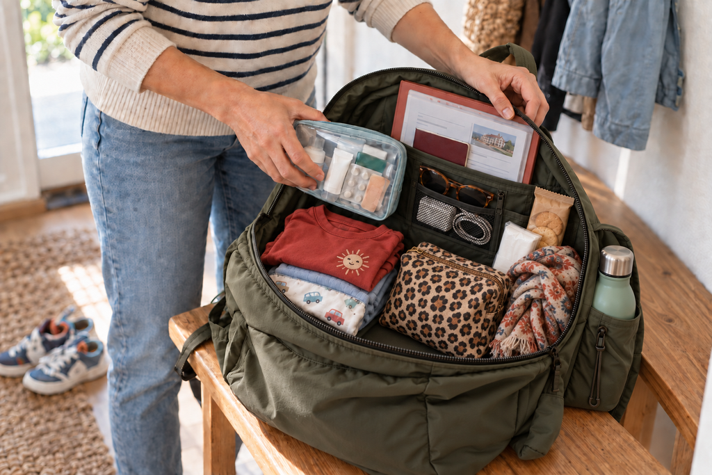 femme préparant son sac cabine pour voyage avec des enfants