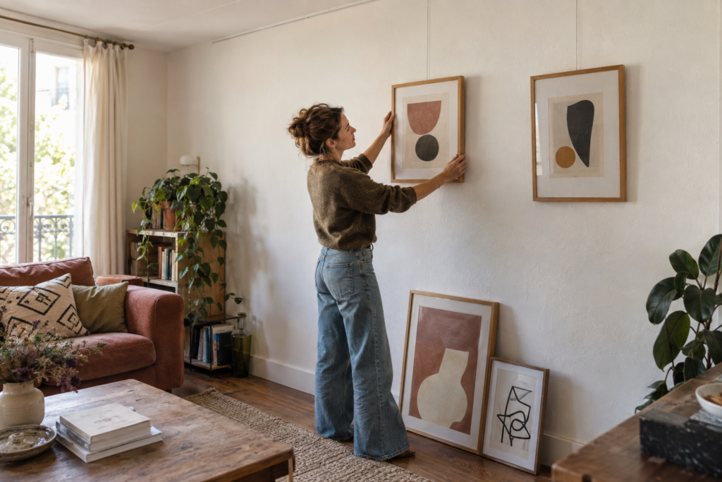 femme accrochant des tableaux à l'aide de cimaise avec fils de suspension