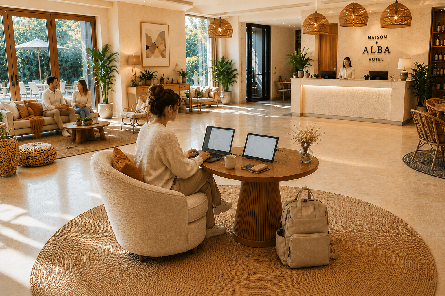 femme travaillant sur ordinateur portable avec double écran dans lobby d'hôtel